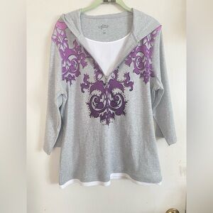 Style & Co. XL Women’s Gray Hooded Top with Purple Scroll Detail -